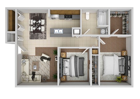 a 3d floor plan of a bedroom with a bathroom and a living room